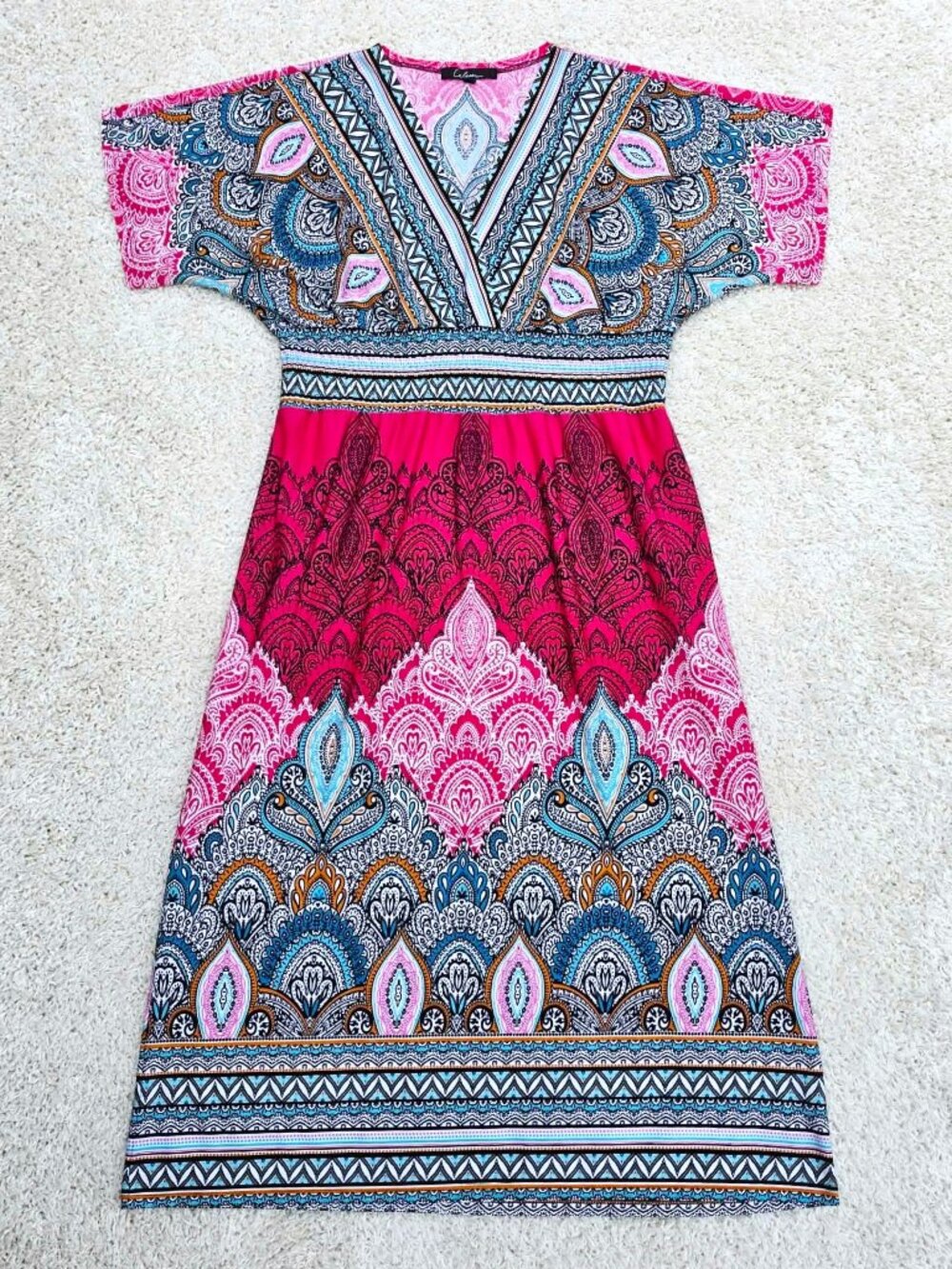 Boho Paisley Maxi Dress Pink Turquoise V-Neck Festival Resort Summer Dress Sz L - Picture 9 of 12